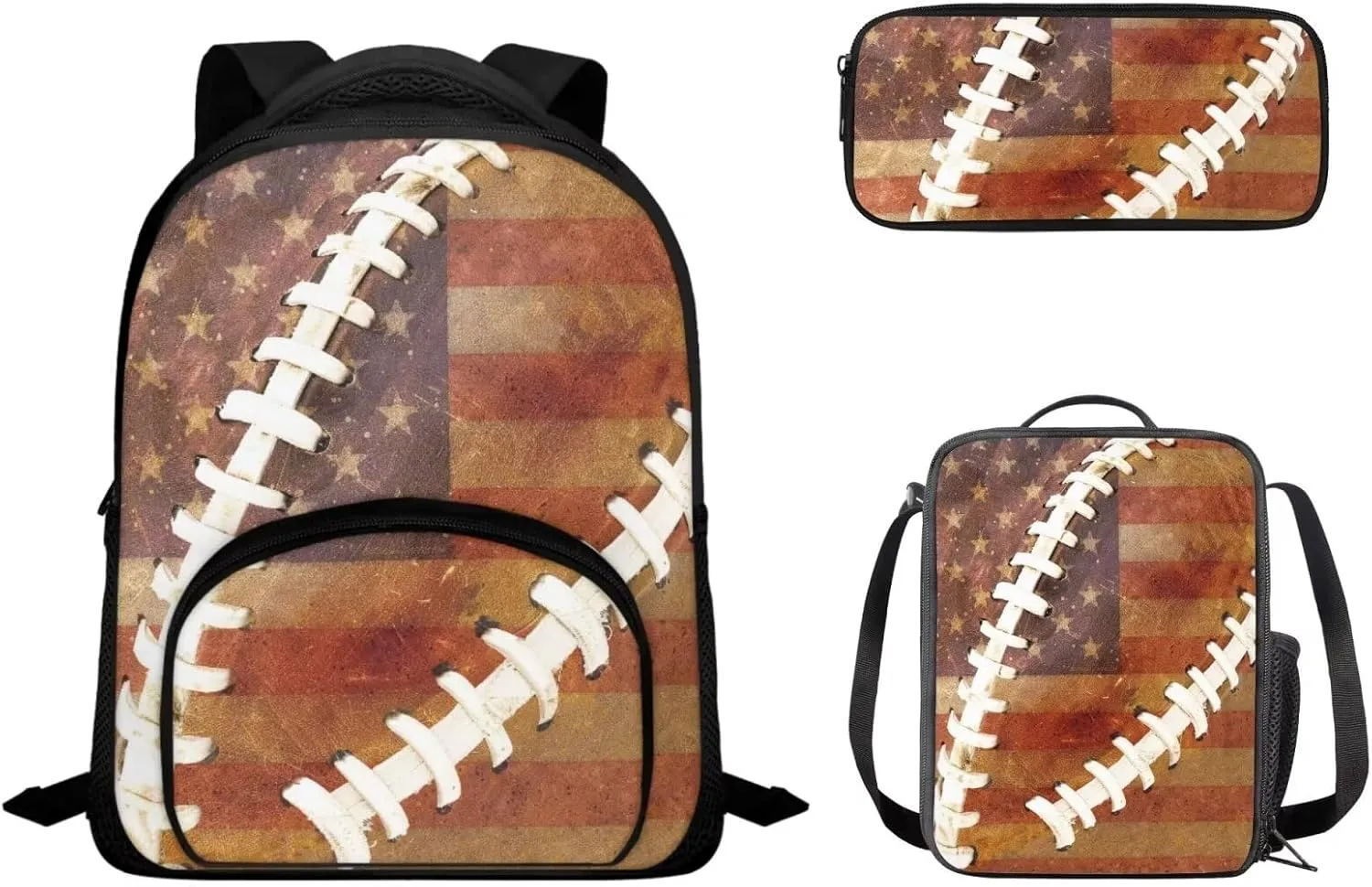 American Flag Baseball Design Backpack Schoolbag Set for Kids Teen 3 Pieces Preschool Elementary School Backpack Bookbag with Reusable Lunchbox Pencil Case Pouch Set