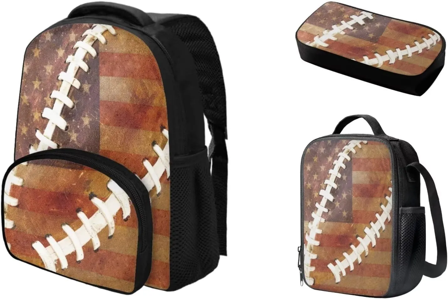 American Flag Baseball Design Backpack Schoolbag Set for Kids Teen 3 Pieces Preschool Elementary School Backpack Bookbag with Reusable Lunchbox Pencil Case Pouch Set