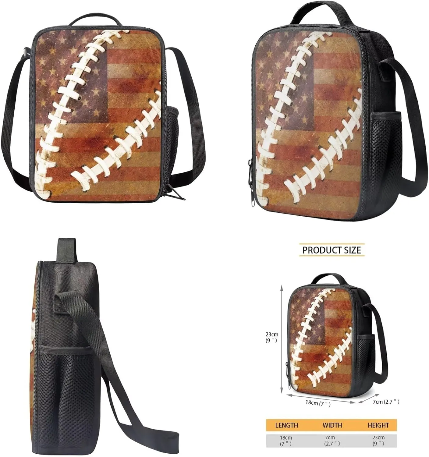 American Flag Baseball Design Backpack Schoolbag Set for Kids Teen 3 Pieces Preschool Elementary School Backpack Bookbag with Reusable Lunchbox Pencil Case Pouch Set
