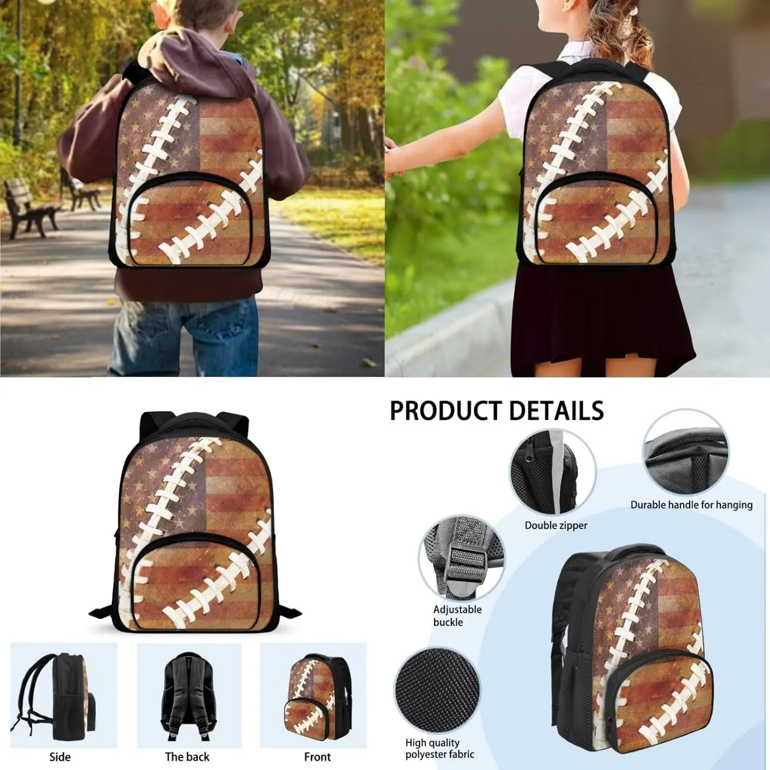American Flag Baseball Design Backpack Schoolbag Set for Kids Teen 3 Pieces Preschool Elementary School Backpack Bookbag with Reusable Lunchbox Pencil Case Pouch Set
