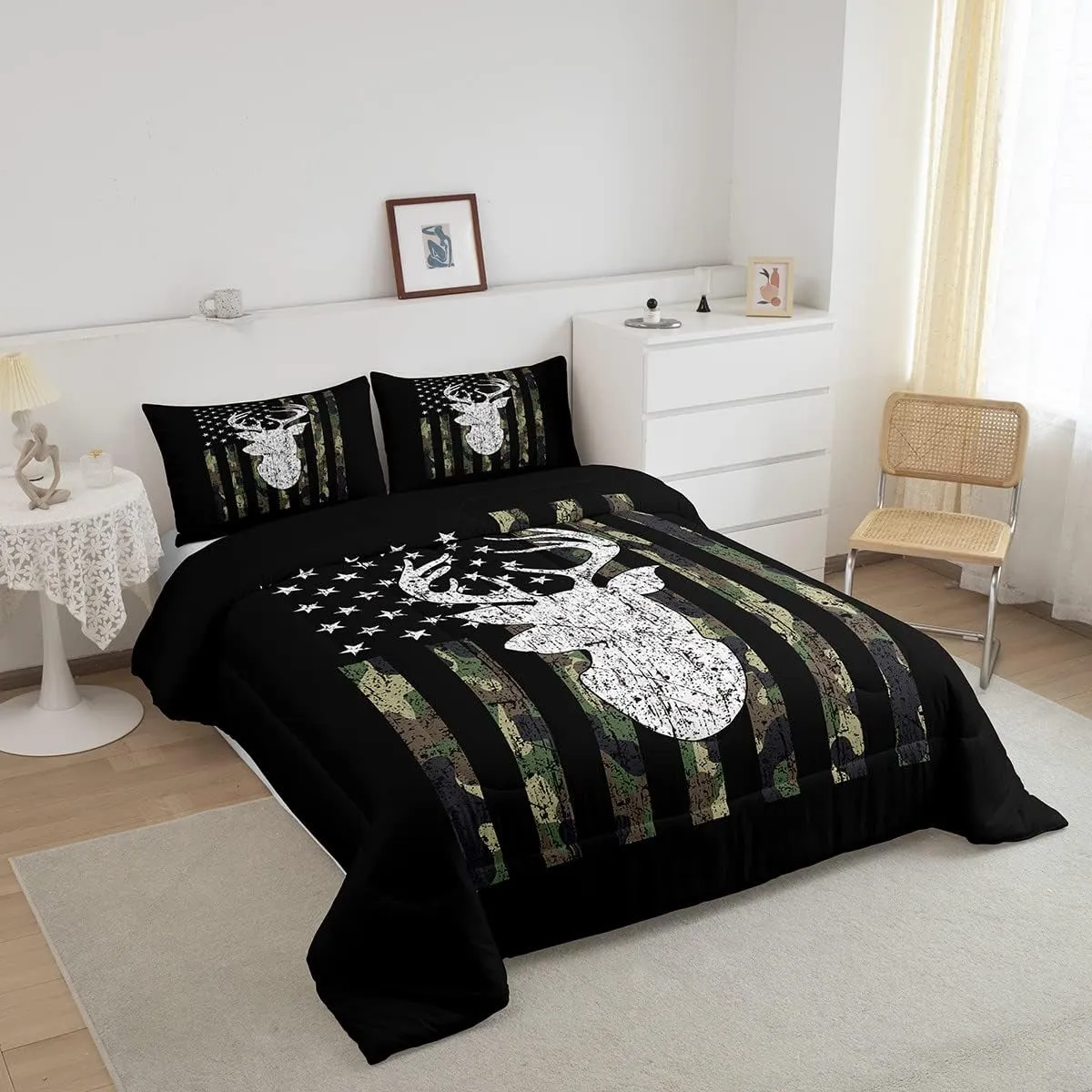 American Flag Comforter Set,Deer Hunting Down Comforter Army Green Military Camo Bedding Set Full For Boys Teens Kids Man,Western Farmhouse Stars Stripes Bedding Quilt Set Bedroom Decor 3 Pcs