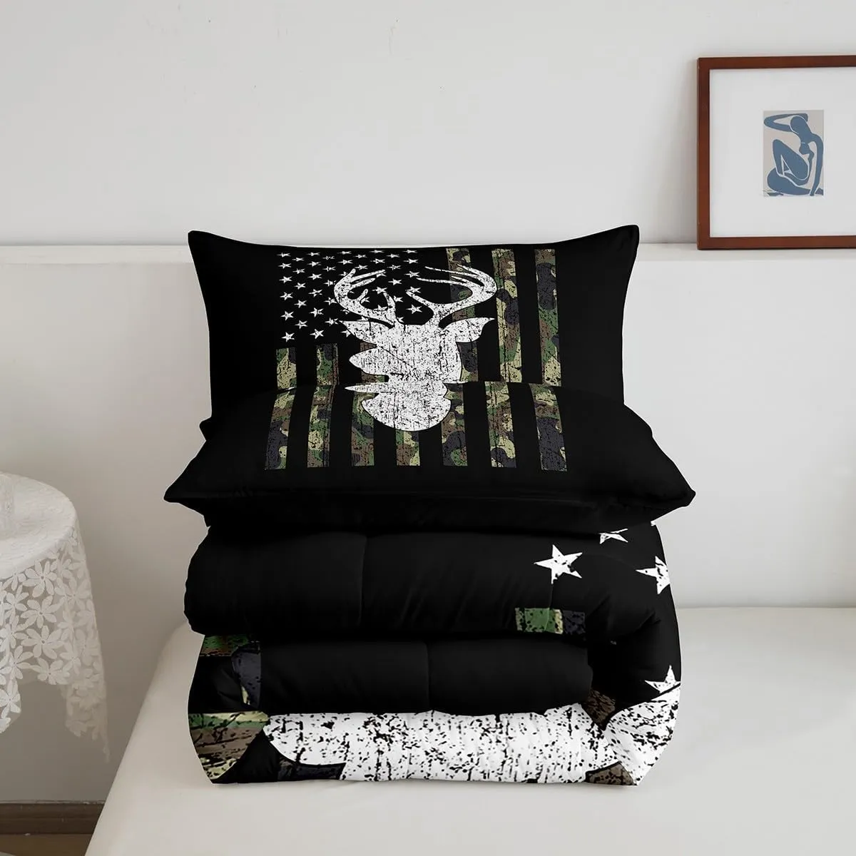 American Flag Comforter Set,Deer Hunting Down Comforter Army Green Military Camo Bedding Set Full For Boys Teens Kids Man,Western Farmhouse Stars Stripes Bedding Quilt Set Bedroom Decor 3 Pcs