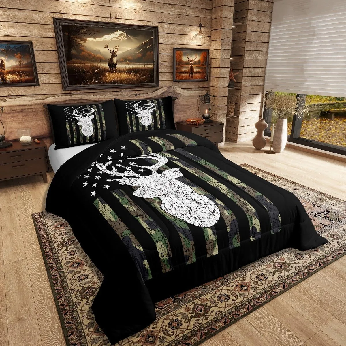 American Flag Comforter Set,Deer Hunting Down Comforter Army Green Military Camo Bedding Set Full For Boys Teens Kids Man,Western Farmhouse Stars Stripes Bedding Quilt Set Bedroom Decor 3 Pcs