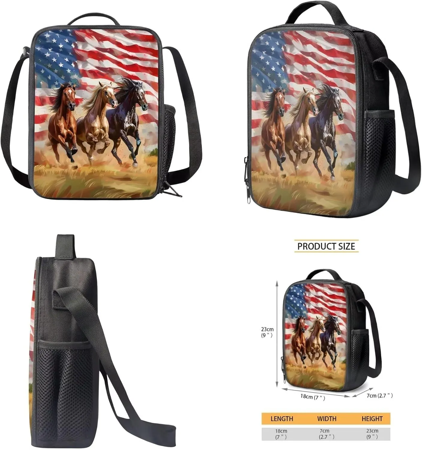American Flag Horse Backpack Toddler Kids School Bag Bookbag with Insulated Lunch Box Bag Pencil Case Kindergarten Preschool School Bookbag 12 Inch Backpack Satchel