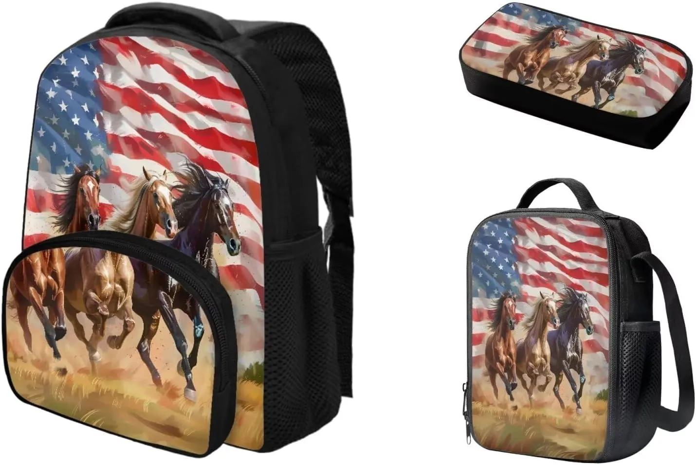 American Flag Horse Backpack Toddler Kids School Bag Bookbag with Insulated Lunch Box Bag Pencil Case Kindergarten Preschool School Bookbag 12 Inch Backpack Satchel