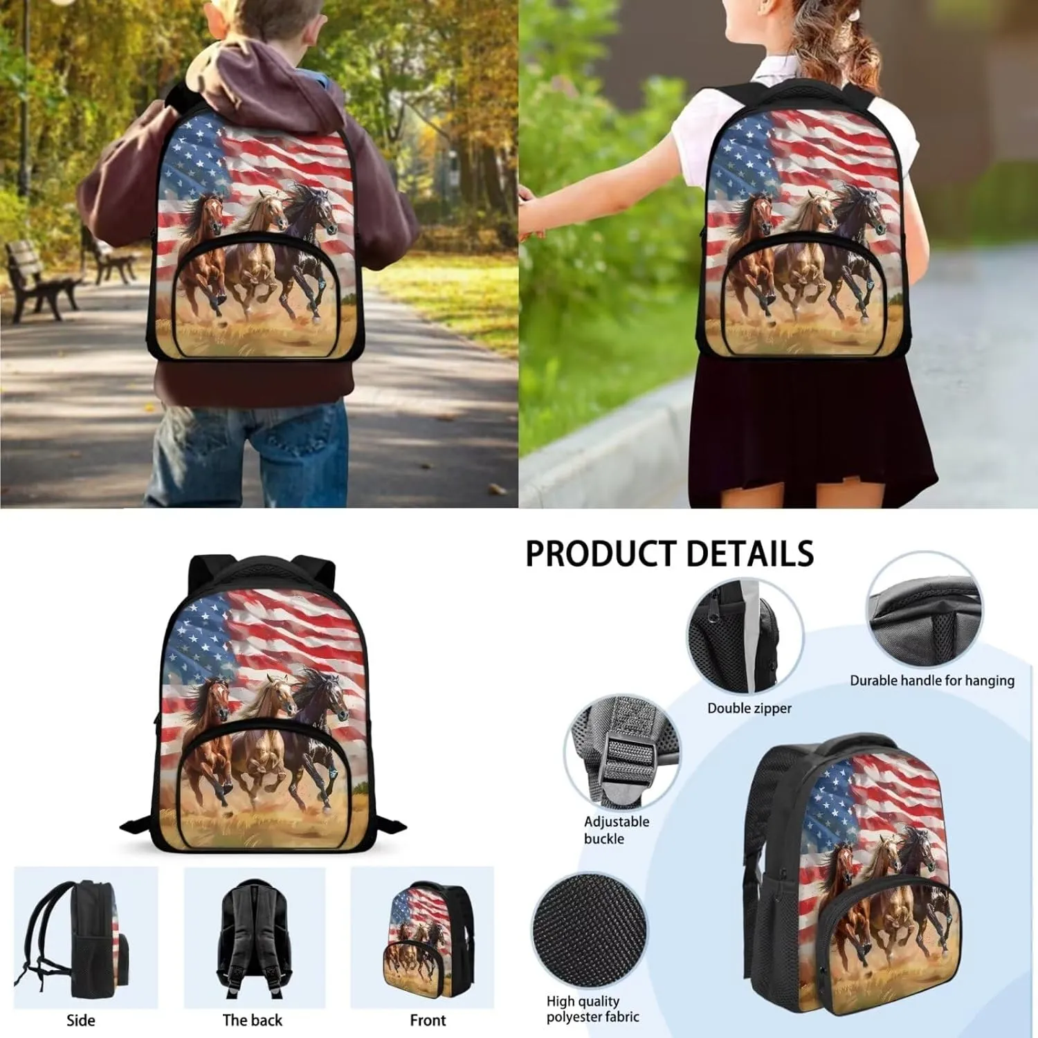 American Flag Horse Backpack Toddler Kids School Bag Bookbag with Insulated Lunch Box Bag Pencil Case Kindergarten Preschool School Bookbag 12 Inch Backpack Satchel