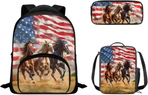 American Flag Horse Backpack Toddler Kids School Bag Bookbag with Insulated Lunch Box Bag Pencil Case Kindergarten Preschool School Bookbag 12 Inch Backpack Satchel