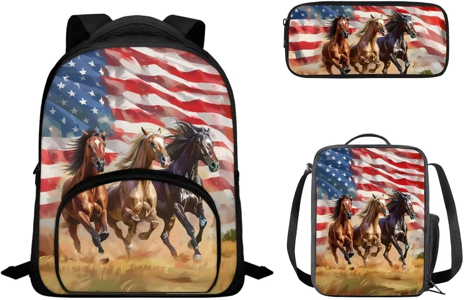 American Flag Horse Backpack Toddler Kids School Bag Bookbag with Insulated Lunch Box Bag Pencil Case Kindergarten Preschool School Bookbag 12 Inch Backpack Satchel