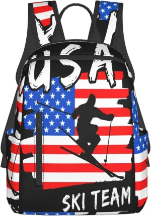 American Flag Ski Team Casual Backpacks Laptop Backpack Outdoor Travel Rucksack Sport Carry-On Daypack Lightweight Bag with Multi-Pockets