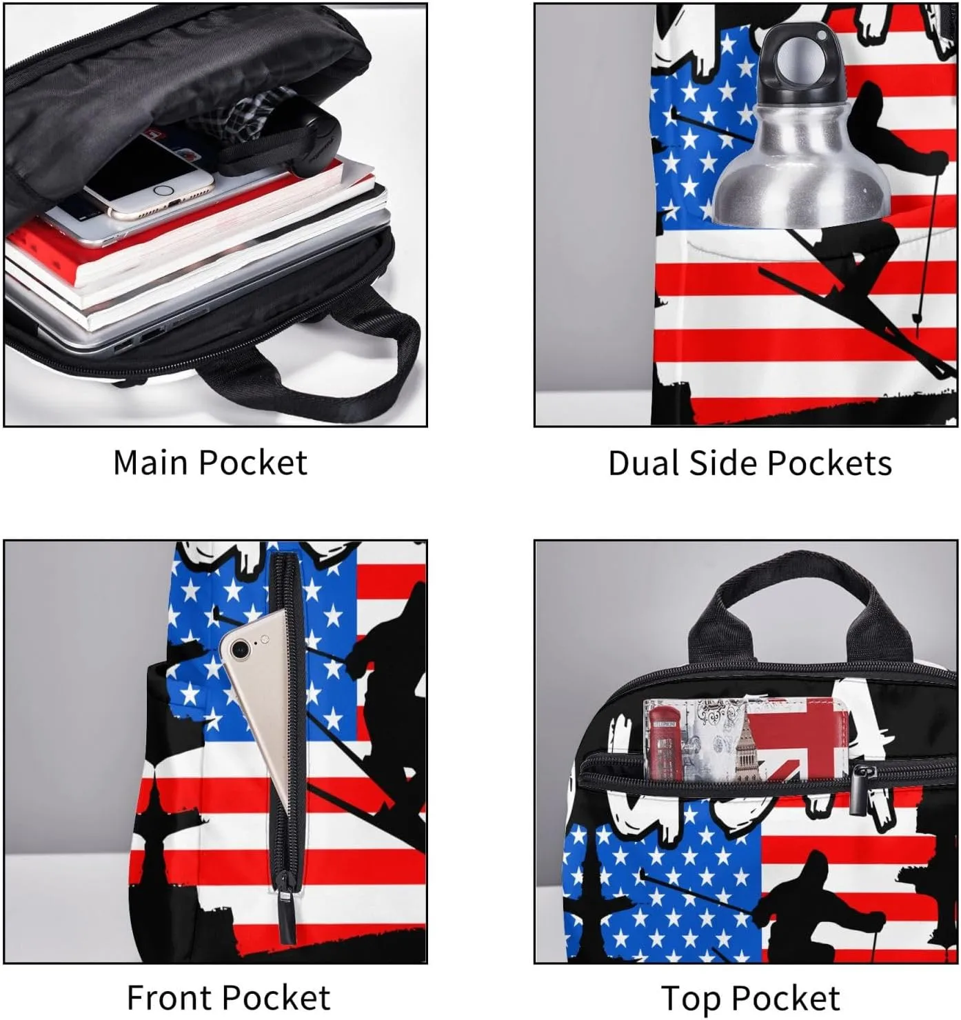 American Flag Ski Team Casual Backpacks Laptop Backpack Outdoor Travel Rucksack Sport Carry-On Daypack Lightweight Bag with Multi-Pockets