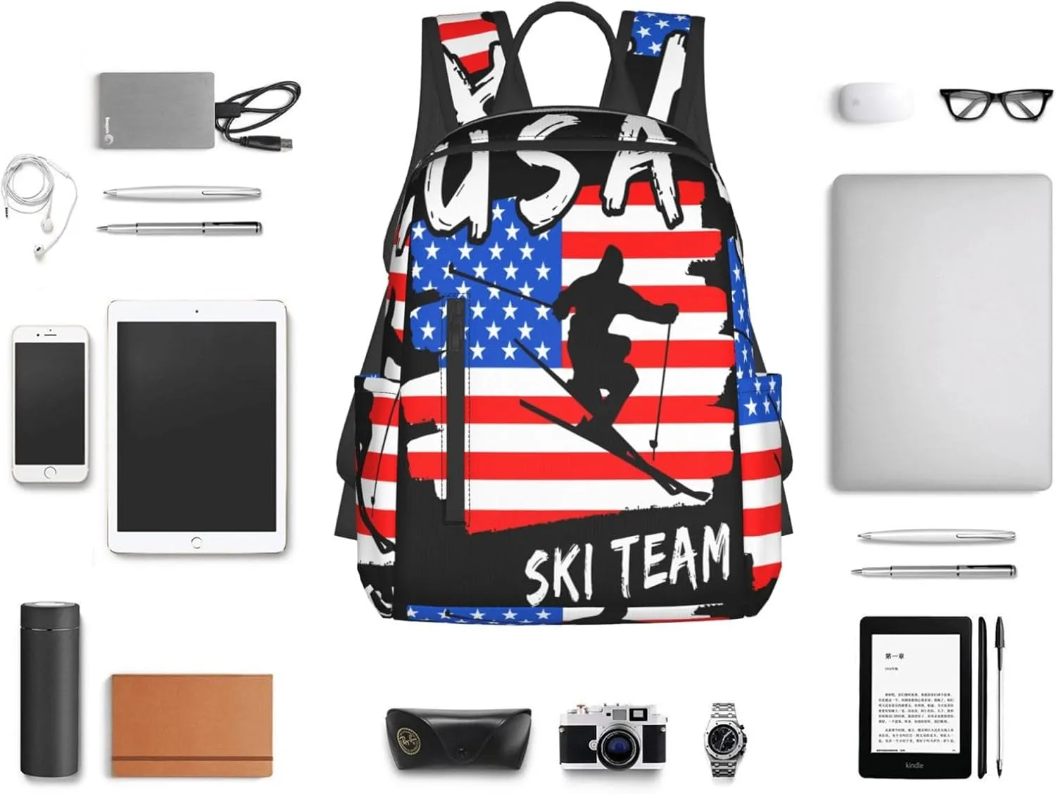 American Flag Ski Team Casual Backpacks Laptop Backpack Outdoor Travel Rucksack Sport Carry-On Daypack Lightweight Bag with Multi-Pockets
