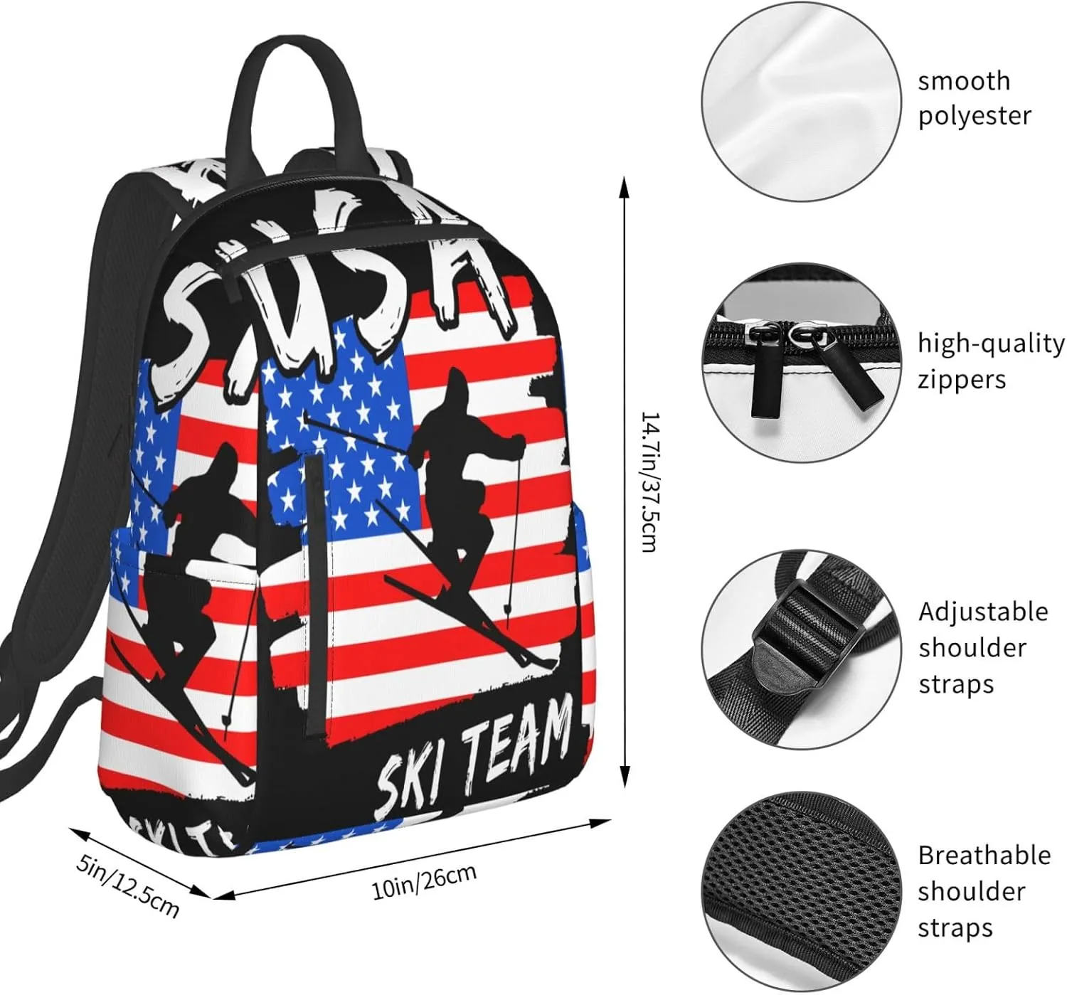 American Flag Ski Team Casual Backpacks Laptop Backpack Outdoor Travel Rucksack Sport Carry-On Daypack Lightweight Bag with Multi-Pockets