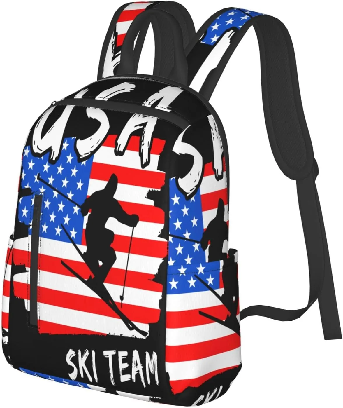 American Flag Ski Team Casual Backpacks Laptop Backpack Outdoor Travel Rucksack Sport Carry-On Daypack Lightweight Bag with Multi-Pockets