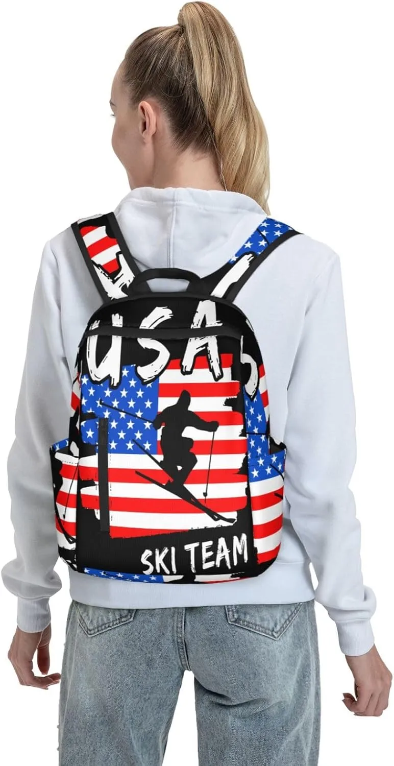 American Flag Ski Team Casual Backpacks Laptop Backpack Outdoor Travel Rucksack Sport Carry-On Daypack Lightweight Bag with Multi-Pockets