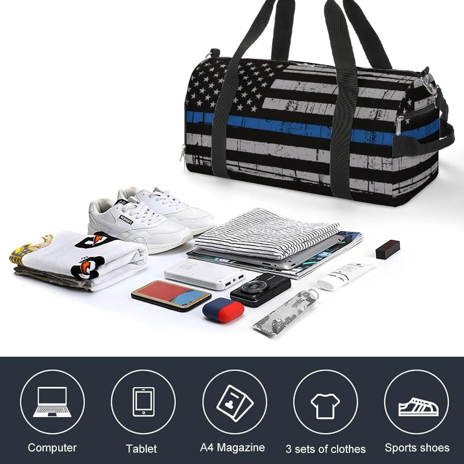 American Police Thin Blue Line Flag Art A Fitness Bag with Large Storage Space Is Suitable for Portable Outdoor Use
