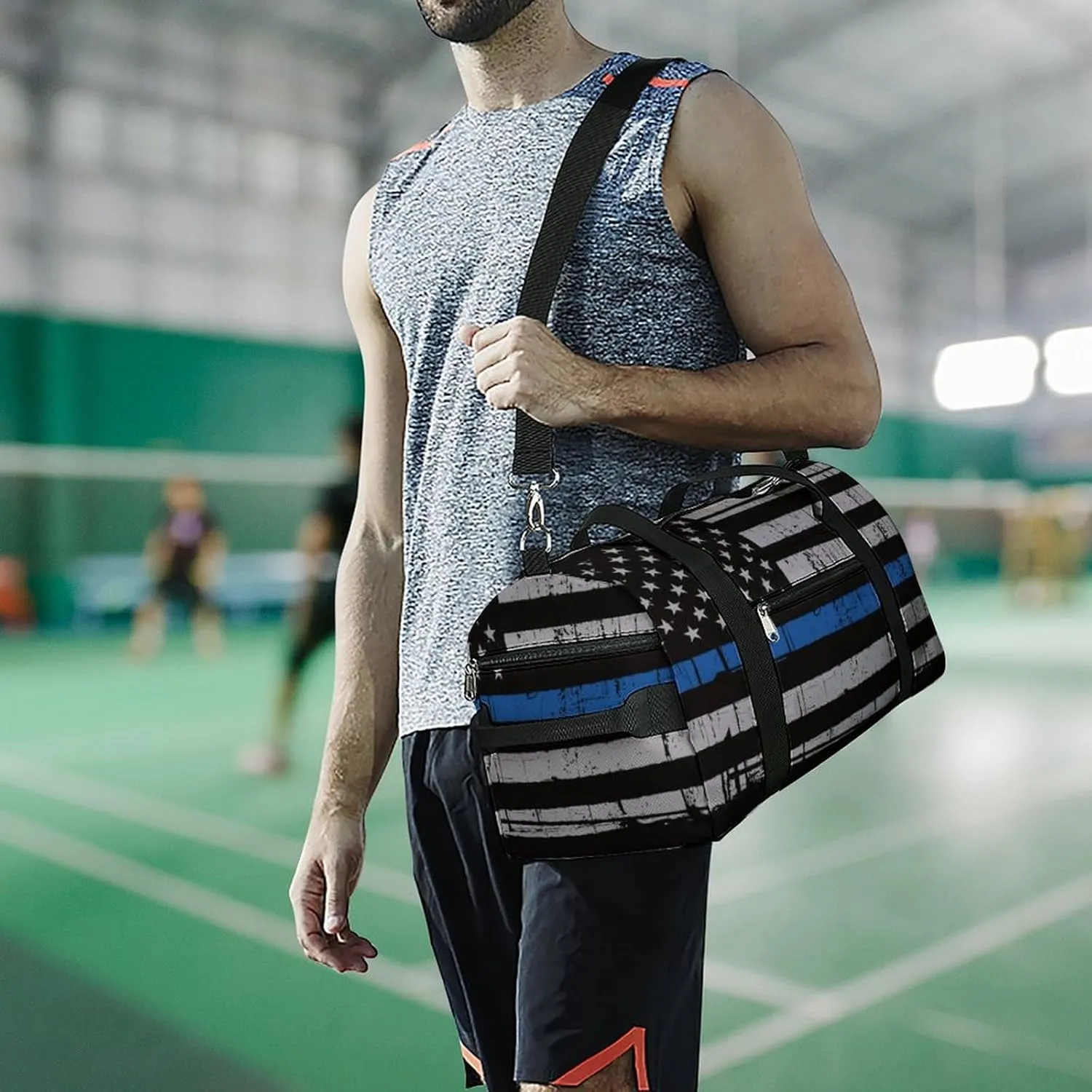 American Police Thin Blue Line Flag Art A Fitness Bag with Large Storage Space Is Suitable for Portable Outdoor Use