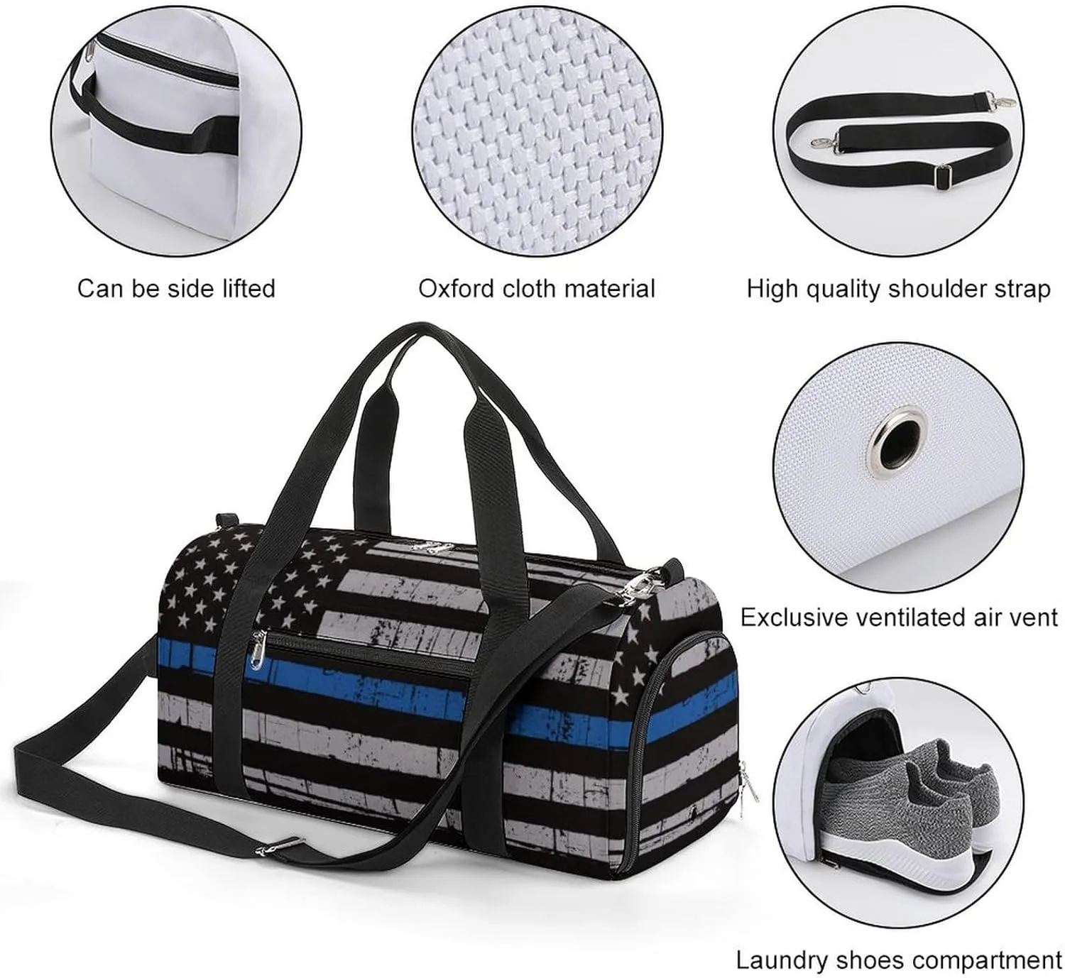 American Police Thin Blue Line Flag Art A Fitness Bag with Large Storage Space Is Suitable for Portable Outdoor Use