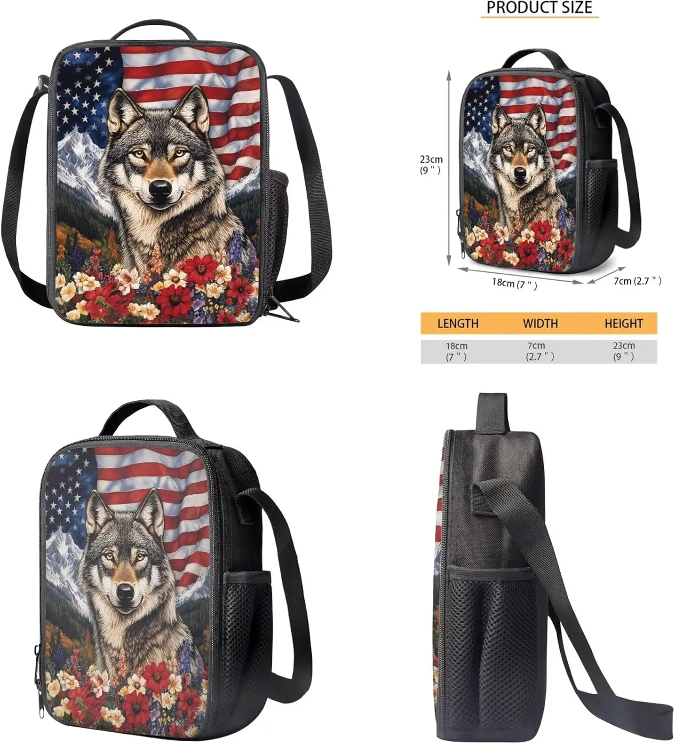 American Wolf Elementary School Backpack for Boys 4 In 1 Bags with Insulation Lunch Box Set Water Bottle Sleeve Pencil Case 17 Inch Backpack 7Th Grade Boys for Teens Kids Book Bags Students
