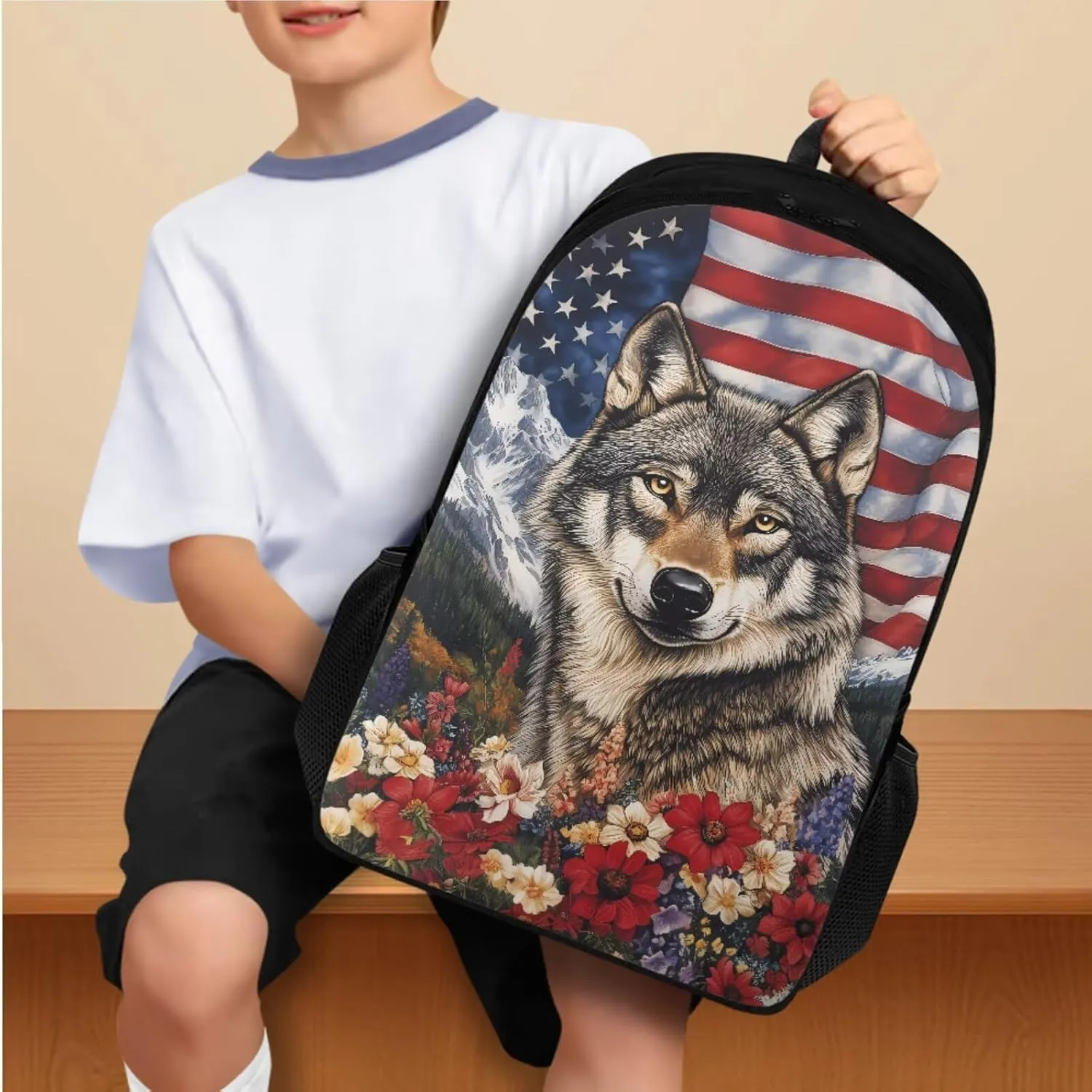 American Wolf Elementary School Backpack for Boys 4 In 1 Bags with Insulation Lunch Box Set Water Bottle Sleeve Pencil Case 17 Inch Backpack 7Th Grade Boys for Teens Kids Book Bags Students