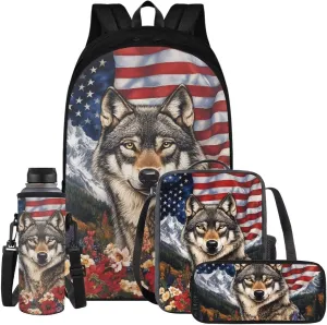 American Wolf Elementary School Backpack for Boys 4 In 1 Bags with Insulation Lunch Box Set Water Bottle Sleeve Pencil Case 17 Inch Backpack 7Th Grade Boys for Teens Kids Book Bags Students
