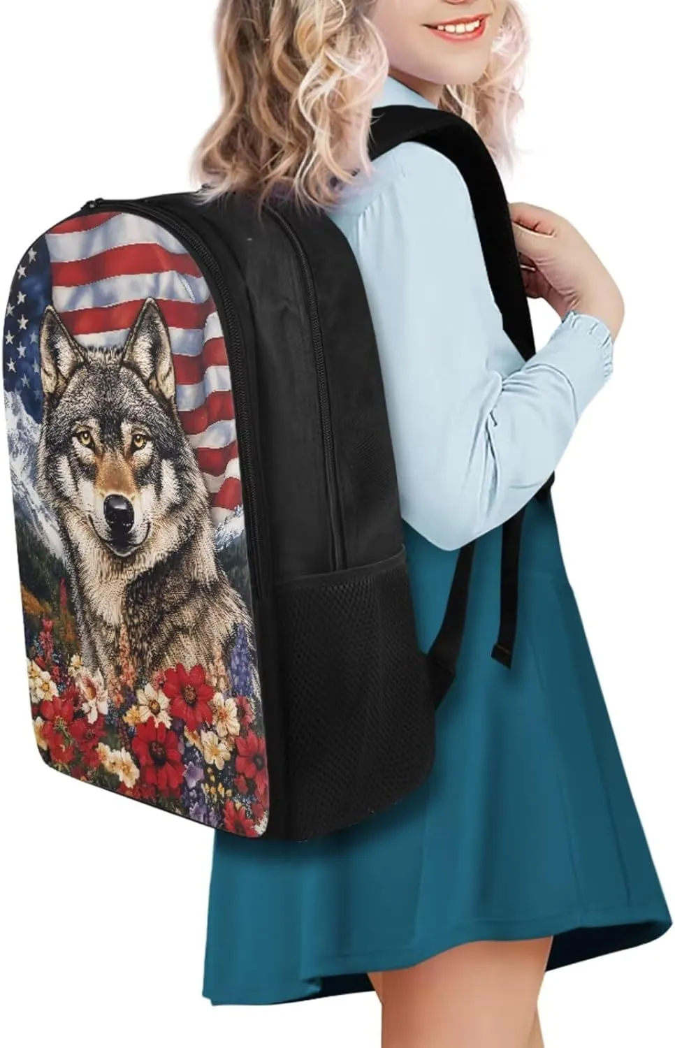 American Wolf Elementary School Backpack for Boys 4 In 1 Bags with Insulation Lunch Box Set Water Bottle Sleeve Pencil Case 17 Inch Backpack 7Th Grade Boys for Teens Kids Book Bags Students