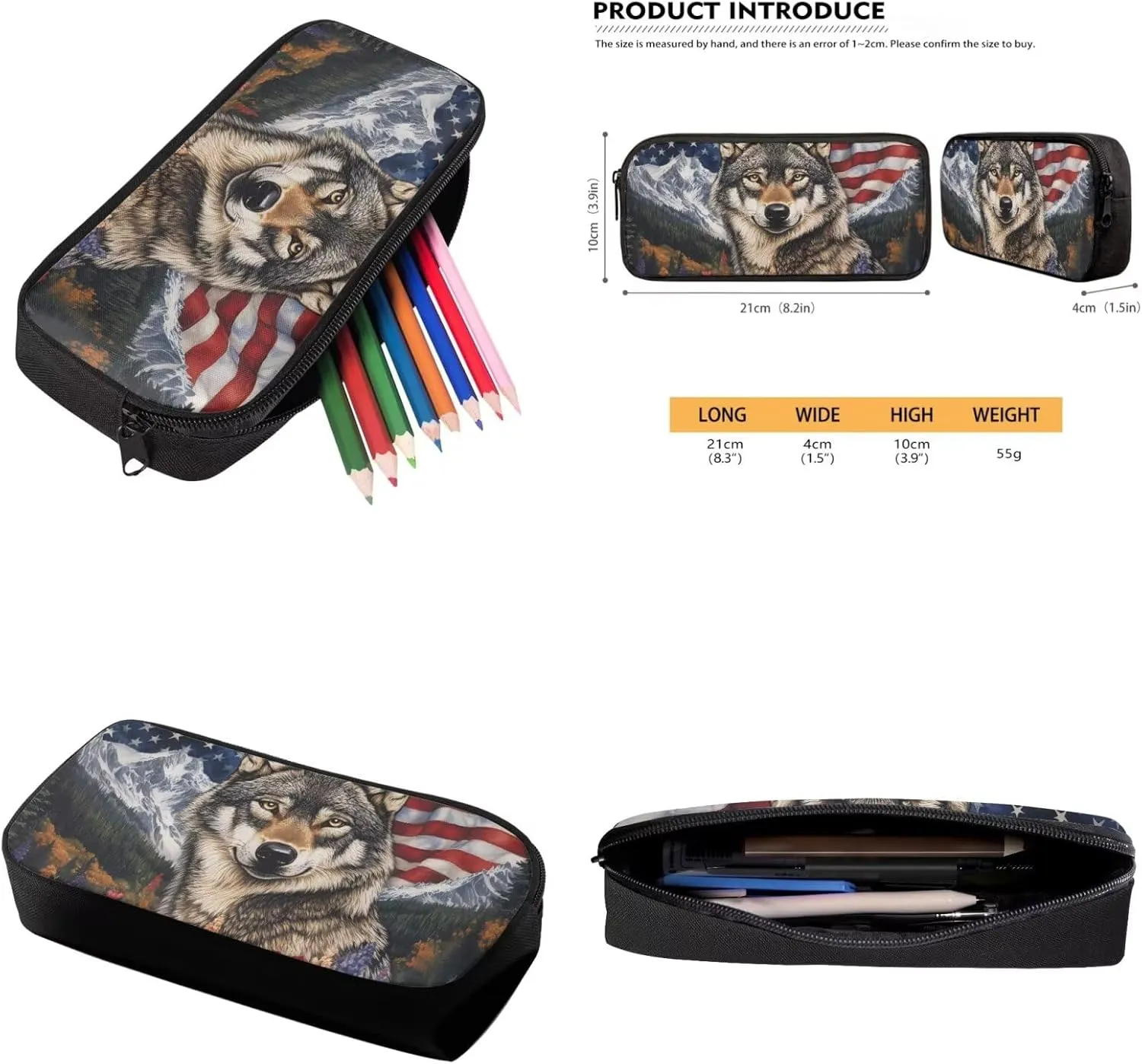 American Wolf Elementary School Backpack for Boys 4 In 1 Bags with Insulation Lunch Box Set Water Bottle Sleeve Pencil Case 17 Inch Backpack 7Th Grade Boys for Teens Kids Book Bags Students
