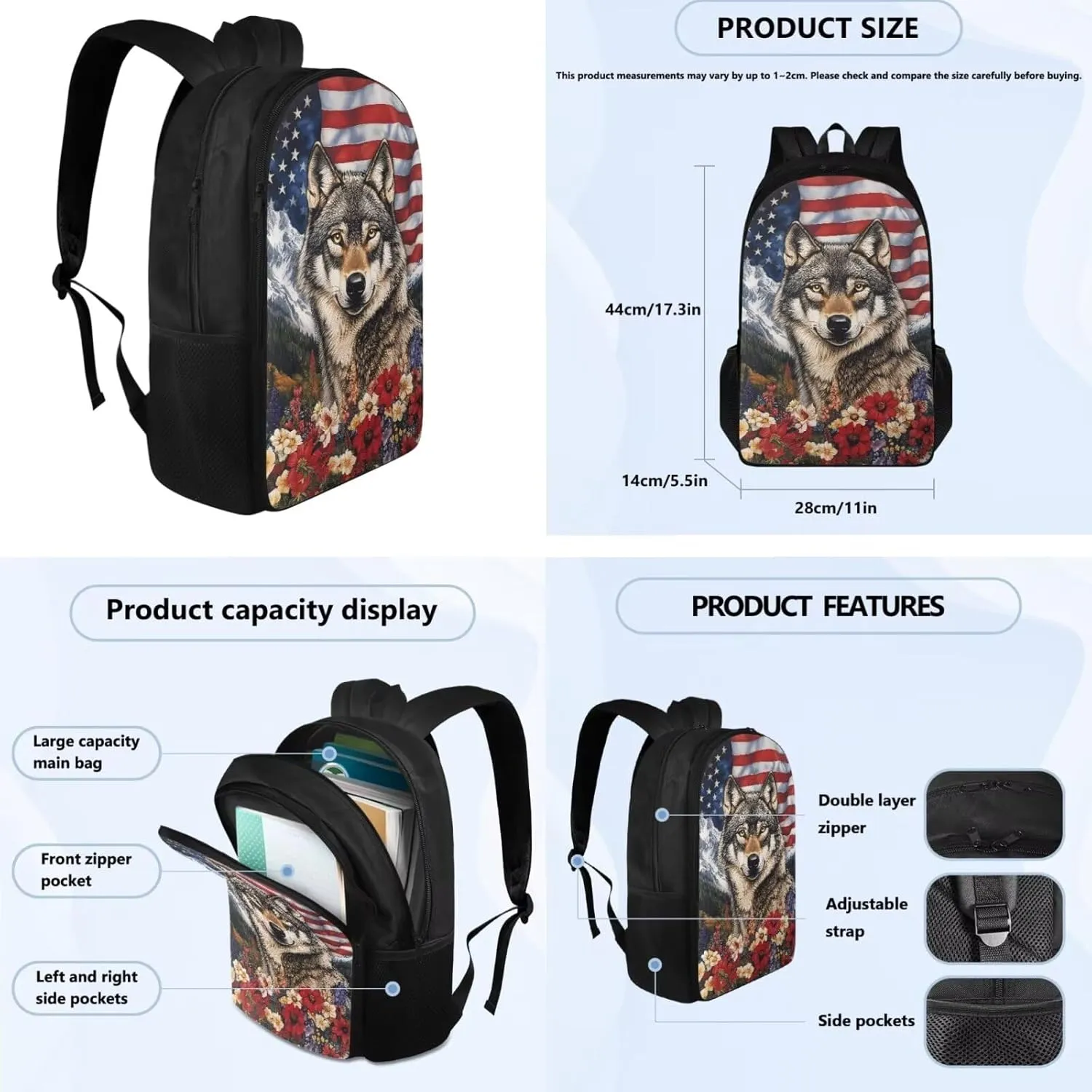 American Wolf Elementary School Backpack for Boys 4 In 1 Bags with Insulation Lunch Box Set Water Bottle Sleeve Pencil Case 17 Inch Backpack 7Th Grade Boys for Teens Kids Book Bags Students