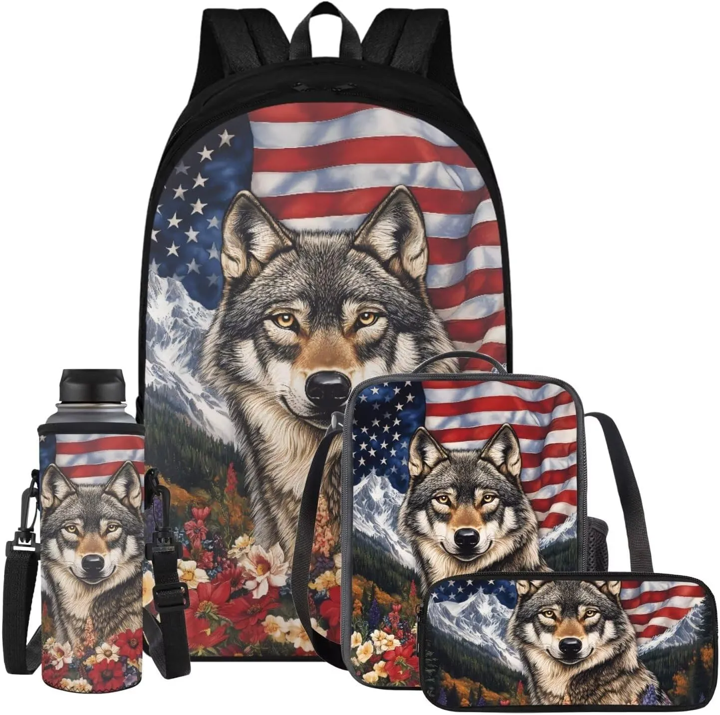 American Wolf Elementary School Backpack for Boys 4 In 1 Bags with Insulation Lunch Box Set Water Bottle Sleeve Pencil Case 17 Inch Backpack 7Th Grade Boys for Teens Kids Book Bags Students