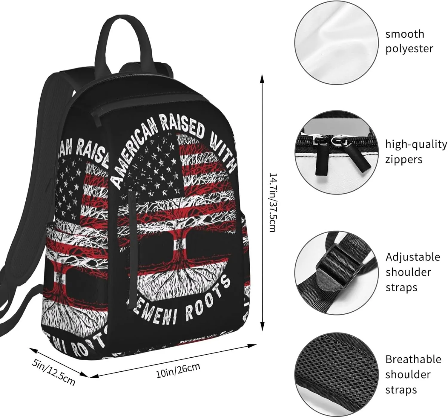 American Yemen Flag Yemeni Roots Casual Laptop Backpack Travel Rucksack Sports Daypack Adjustable Strap Bags with Multi-Pockets for Working Running Camping