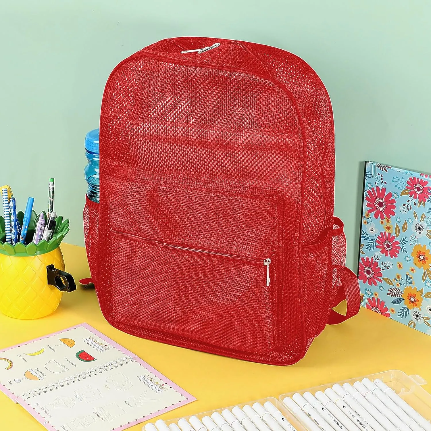 Amylove 6 Pcs Mesh Backpacks Bulk 17 Inch See Through Backpack in Bulk Heavy Duty Beach Bag for Sports Travel (Colorful)