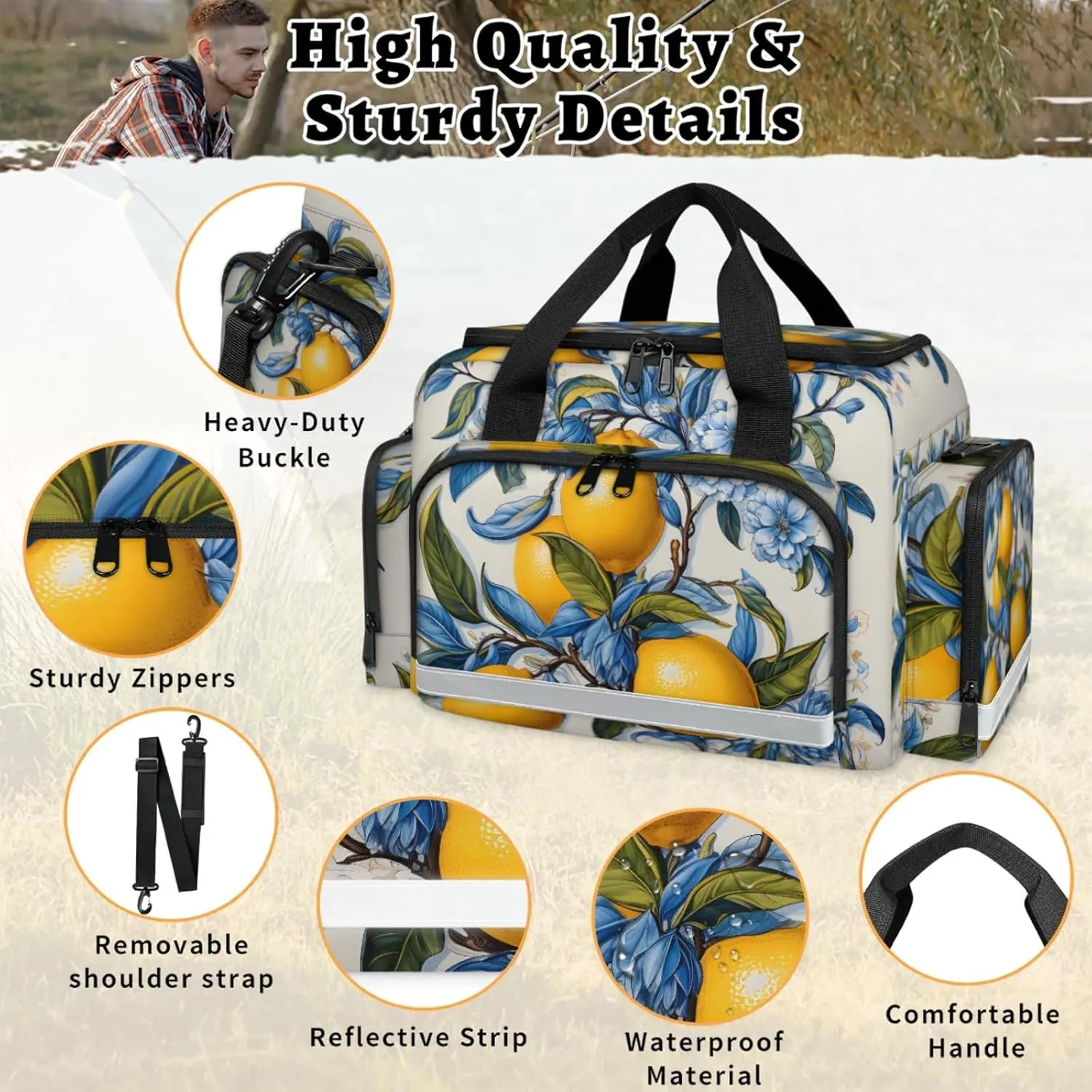 Anti-Scratch Duffle Bag for Travel 25x17.7x11.2 Inch - Waterproof Duffel Bag for Camping Fitness, Durable EMS Gear for First Responders Retro Lemon Flower