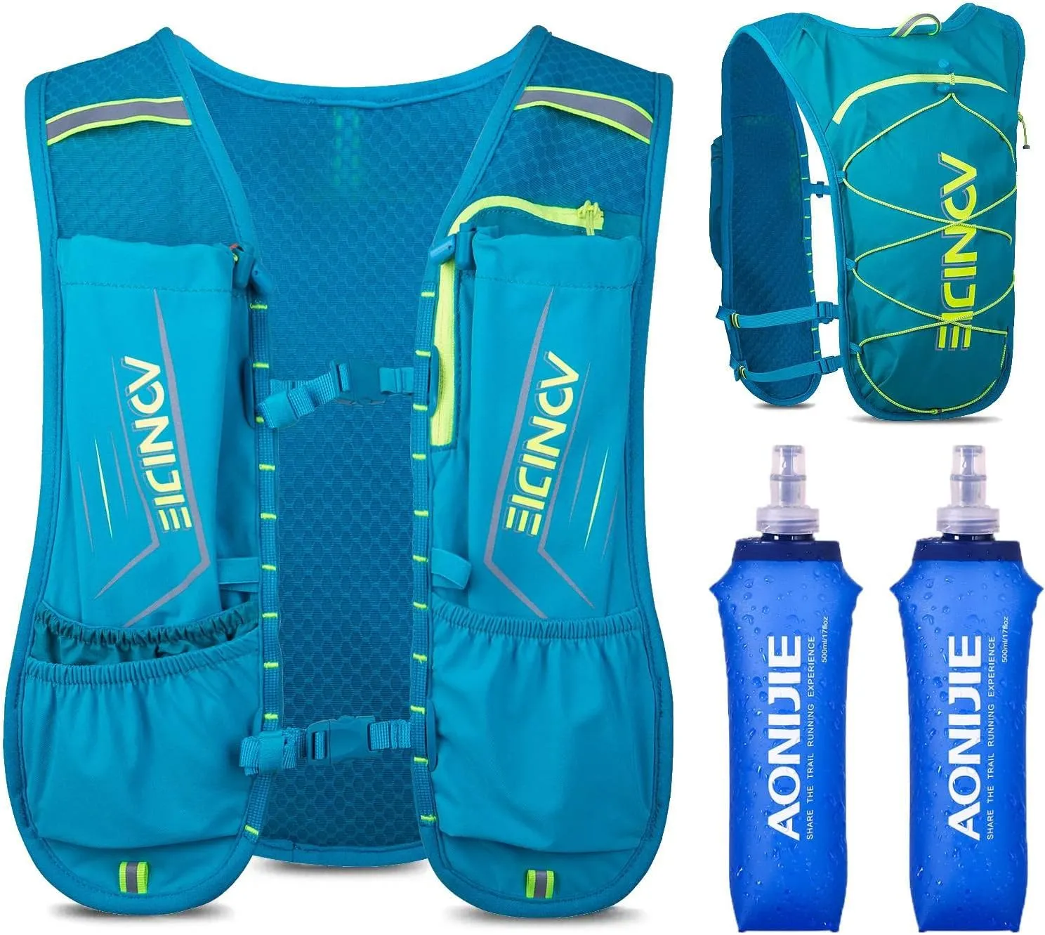 AONIJIE Waterproof and Breathable Running Hydration Vest with 500ml Flask, 4.23oz Lightweight Hydration Vest Backpack Fits 6.8" Phones, for Hiking Cycling Race Marathon(Grey with 2 * 500ml Bottles)