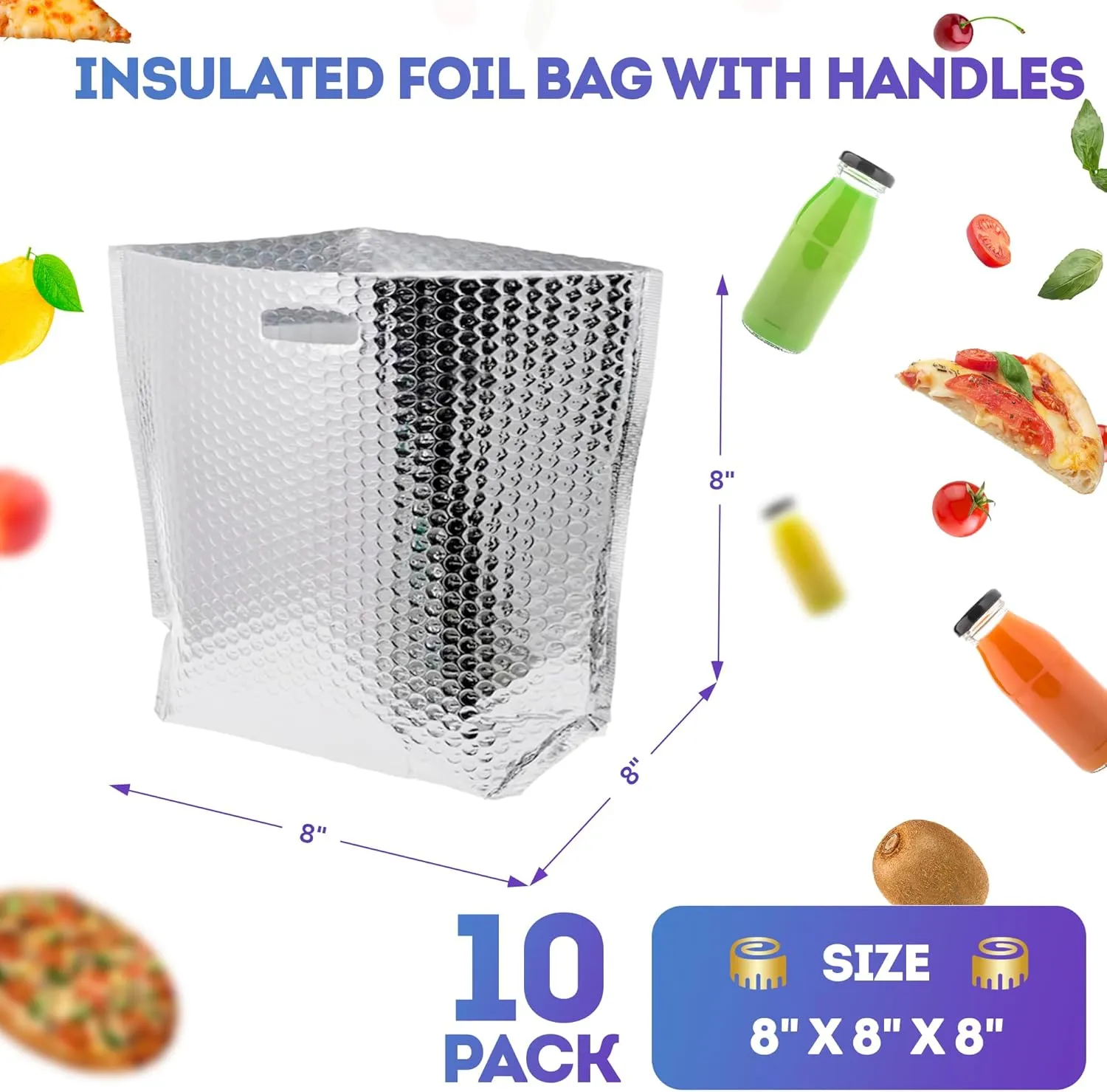 APQ Insulated Foil Bag with Handles, 8 x 8 x 8 Inches. 10 Pack Thermal Bags for Frozen Food. Metallized Foil Insulated Box Liners with Bubble Cushion. Insulated Shipping Bags for Food, Cosmetics