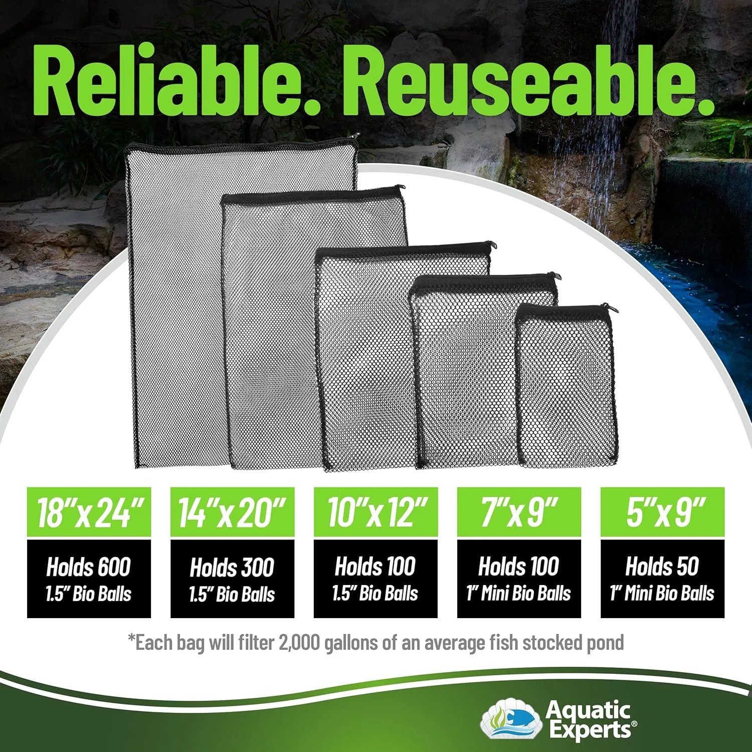 Aquatic Experts Mesh Bags for Bio Ball Filter Media - Perfect for Aquarium and Pond Filtration, (2 Pack 7 inch x 9 inch)