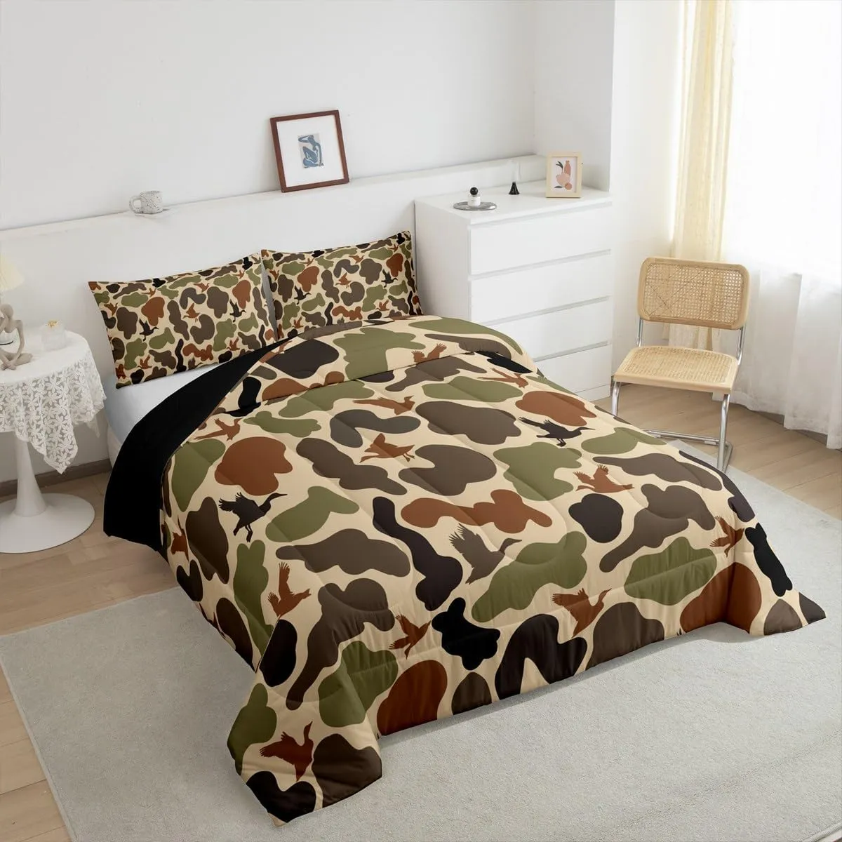 Army Green Camo Bedding Set Full Size,Duck Silhouette Quilted Duvet for Kids Teens Men Adult Room Decor,Hunting Camouflage Brown Comforter Set 3Pcs,Hunt Wild Animals Down Comforter,2 Pillowcases