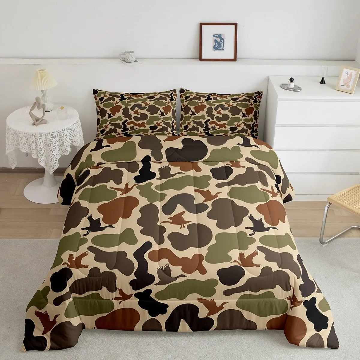 Army Green Camo Bedding Set Full Size,Duck Silhouette Quilted Duvet for Kids Teens Men Adult Room Decor,Hunting Camouflage Brown Comforter Set 3Pcs,Hunt Wild Animals Down Comforter,2 Pillowcases