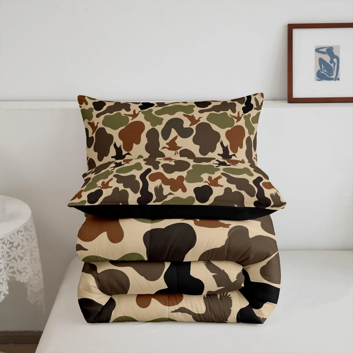 Army Green Camo Bedding Set Full Size,Duck Silhouette Quilted Duvet for Kids Teens Men Adult Room Decor,Hunting Camouflage Brown Comforter Set 3Pcs,Hunt Wild Animals Down Comforter,2 Pillowcases