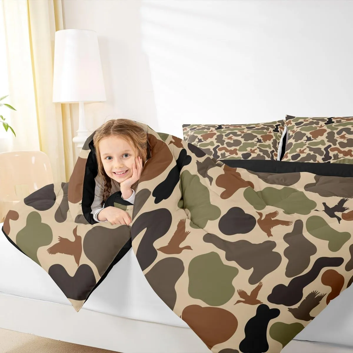 Army Green Camo Bedding Set Full Size,Duck Silhouette Quilted Duvet for Kids Teens Men Adult Room Decor,Hunting Camouflage Brown Comforter Set 3Pcs,Hunt Wild Animals Down Comforter,2 Pillowcases