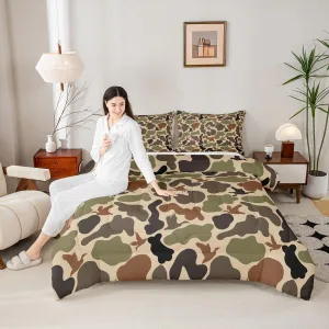 Army Green Camo Bedding Set Full Size,Duck Silhouette Quilted Duvet for Kids Teens Men Adult Room Decor,Hunting Camouflage Brown Comforter Set 3Pcs,Hunt Wild Animals Down Comforter,2 Pillowcases