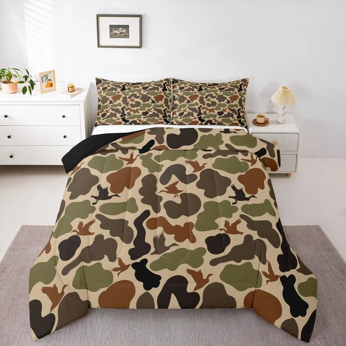 Army Green Camo Bedding Set Full Size,Duck Silhouette Quilted Duvet for Kids Teens Men Adult Room Decor,Hunting Camouflage Brown Comforter Set 3Pcs,Hunt Wild Animals Down Comforter,2 Pillowcases