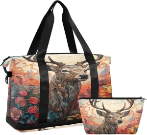 Artistic Deer Portrait Duffel Bag Lightweight Carry On Gym Bags for Travel and Weekends, Versatile Overnight Bag with Shoe Compartment