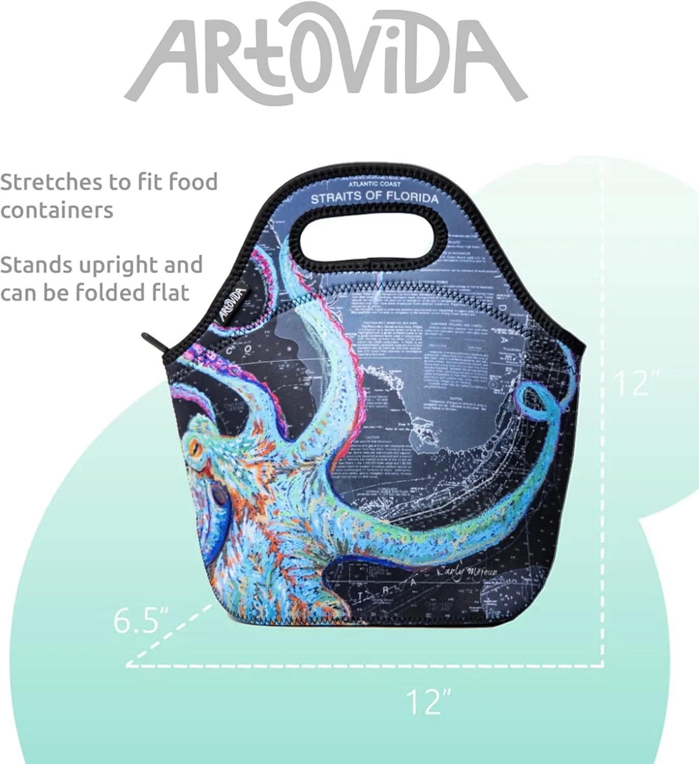 Artists Collective Insulated Neoprene Lunch Bag, Washable Soft Lunch Tote for Work and Picnic - Design by Carly Mejeur (USA) Night Octopus -Classic