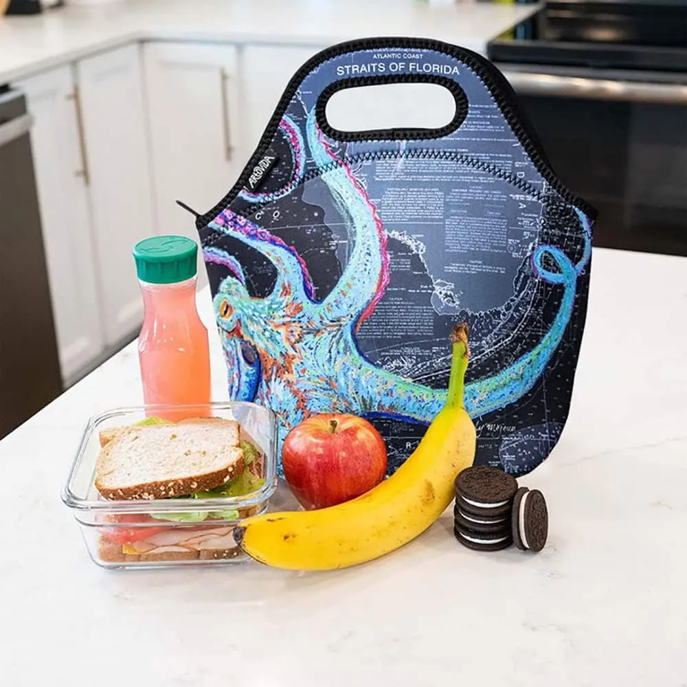 Artists Collective Insulated Neoprene Lunch Bag, Washable Soft Lunch Tote for Work and Picnic - Design by Carly Mejeur (USA) Night Octopus -Classic
