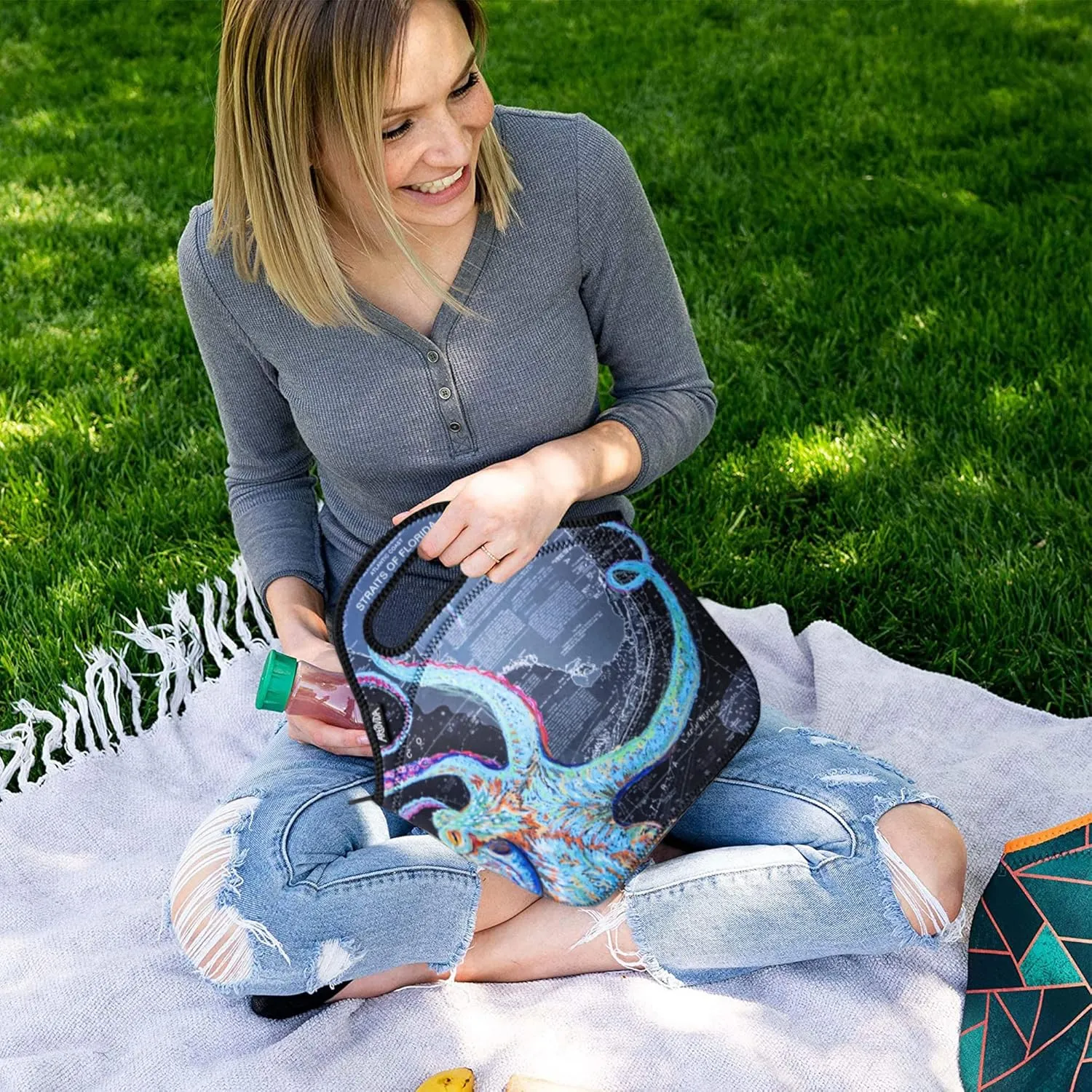 Artists Collective Insulated Neoprene Lunch Bag, Washable Soft Lunch Tote for Work and Picnic - Design by Carly Mejeur (USA) Night Octopus -Classic