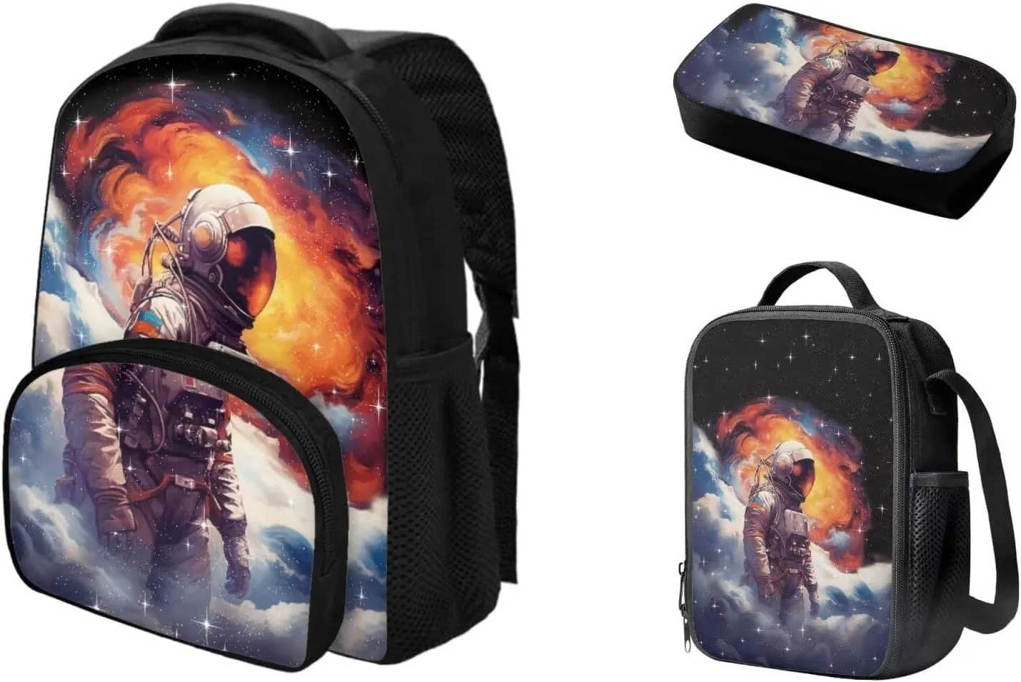 Astronaut Backpack School Bag for Kids Boys 12 Inch School Backpack and Lunch Box Pencil Case Penbag 3 Pieces Set Kids Toddler Preschool Elementary School Bookbag Daypack Rucksack