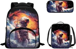 Astronaut Backpack School Bag for Kids Boys 12 Inch School Backpack and Lunch Box Pencil Case Penbag 3 Pieces Set Kids Toddler Preschool Elementary School Bookbag Daypack Rucksack