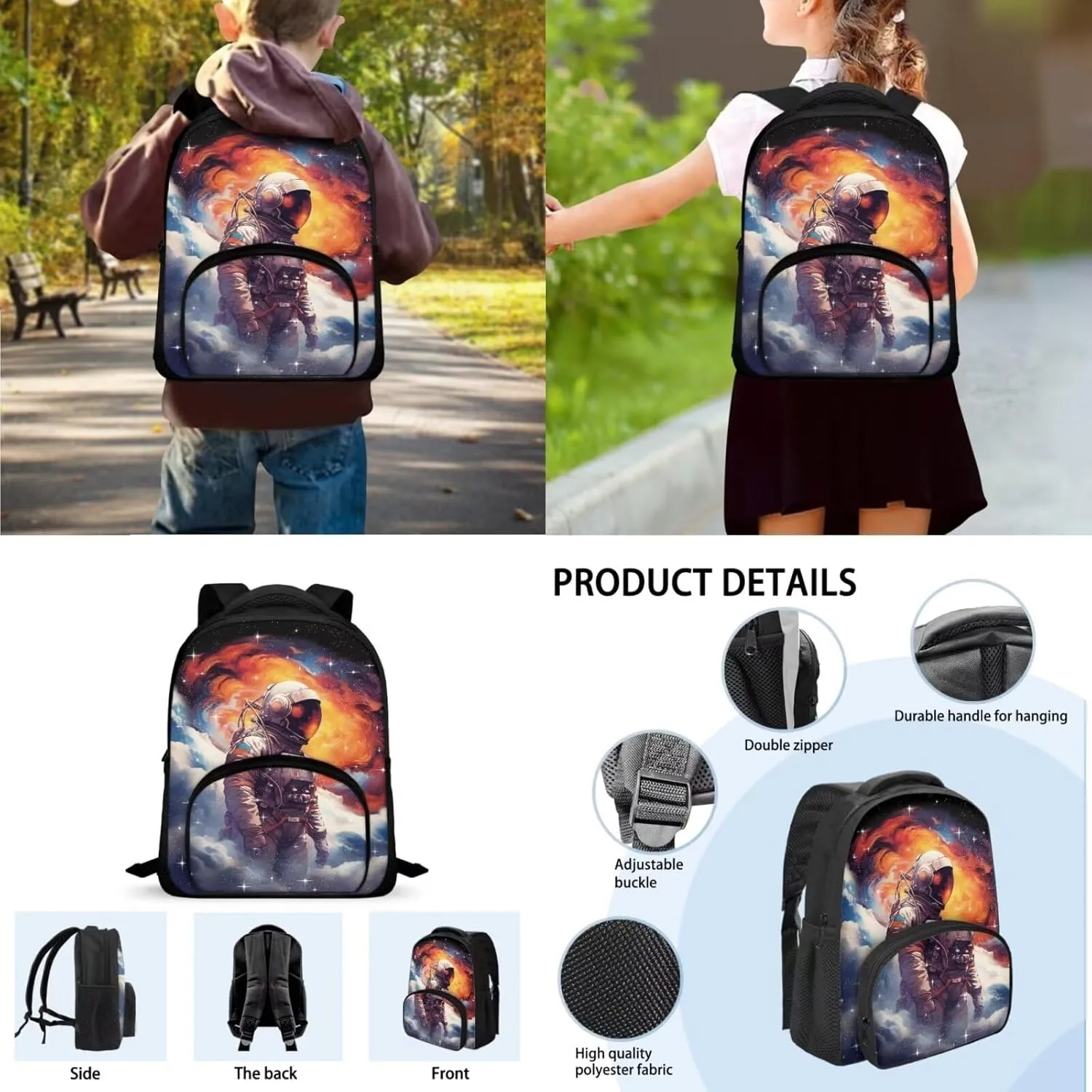Astronaut Backpack School Bag for Kids Boys 12 Inch School Backpack and Lunch Box Pencil Case Penbag 3 Pieces Set Kids Toddler Preschool Elementary School Bookbag Daypack Rucksack