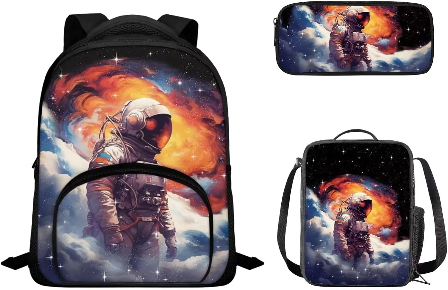 Astronaut Backpack School Bag for Kids Boys 12 Inch School Backpack and Lunch Box Pencil Case Penbag 3 Pieces Set Kids Toddler Preschool Elementary School Bookbag Daypack Rucksack