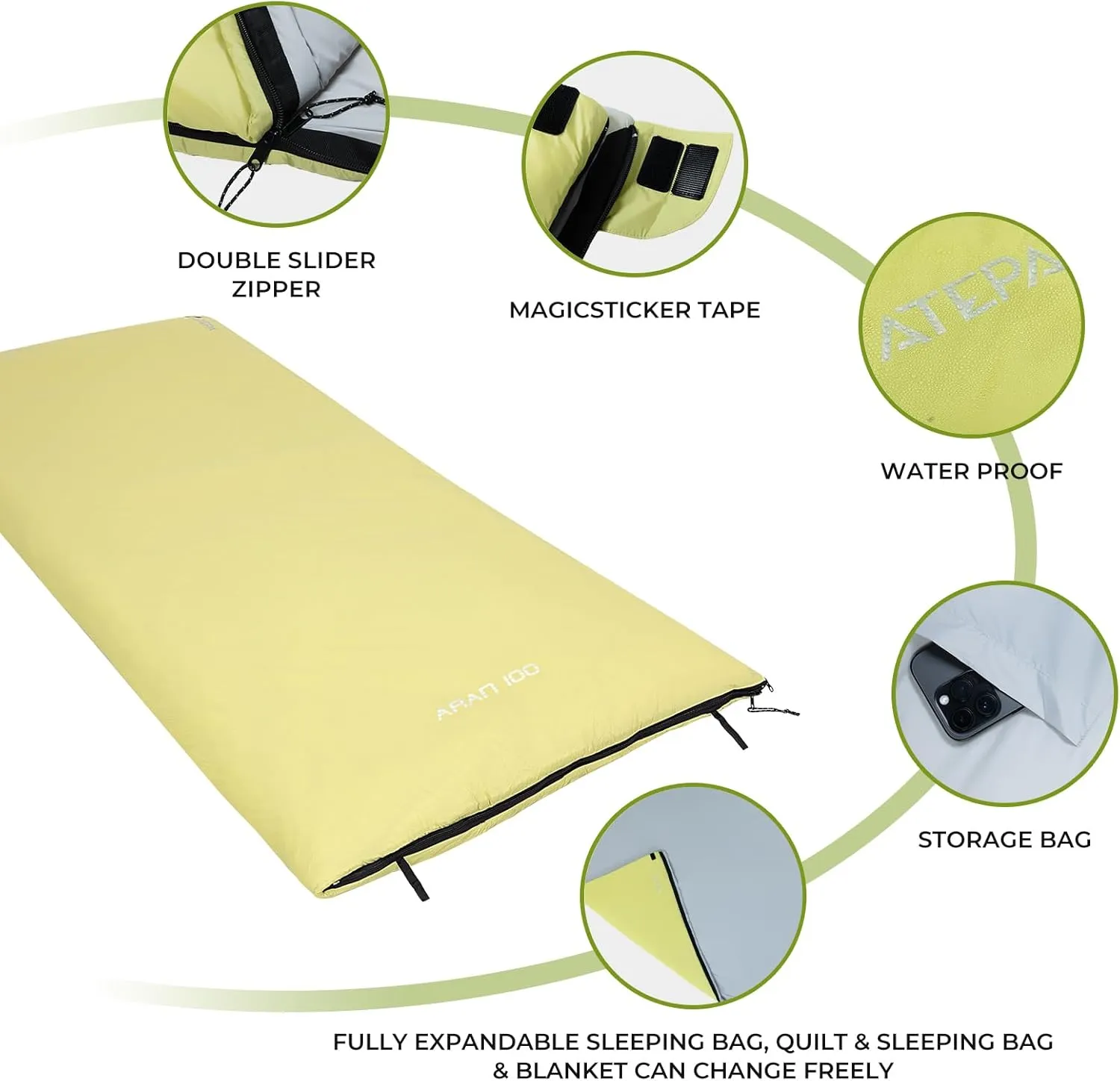 ATEPA Ultralight Sleeping Bag, Warm Weather Compact Packable Synthetic Waterproof Sleeping Bags for Adults with Stuff Sack for Backpacking, Hiking, Camping