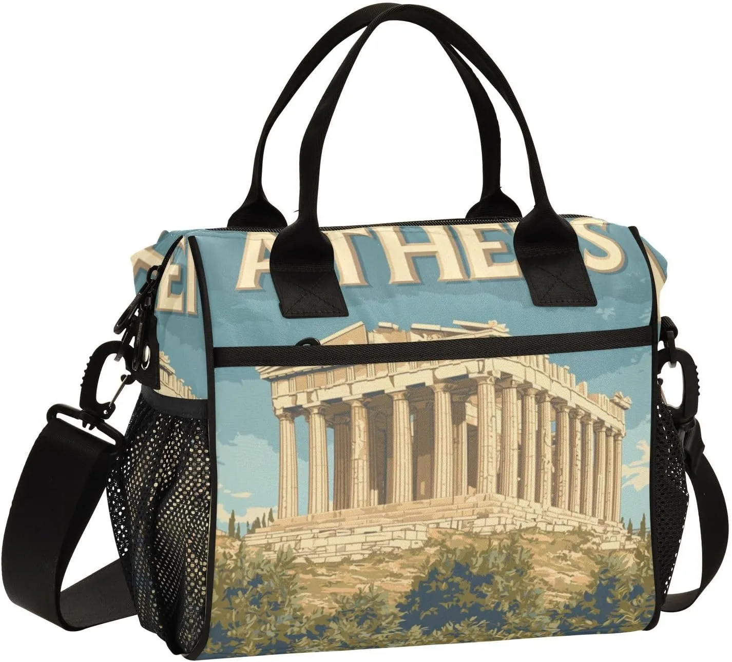 Athens Parthenon Temple Insulated Lunch Bag Reusable Lunch Box for Men Women Leakproof Cooler Tote Bag with Adjustable Shoulder Strap Food Handbag for Travel Work Picnic Office Camping